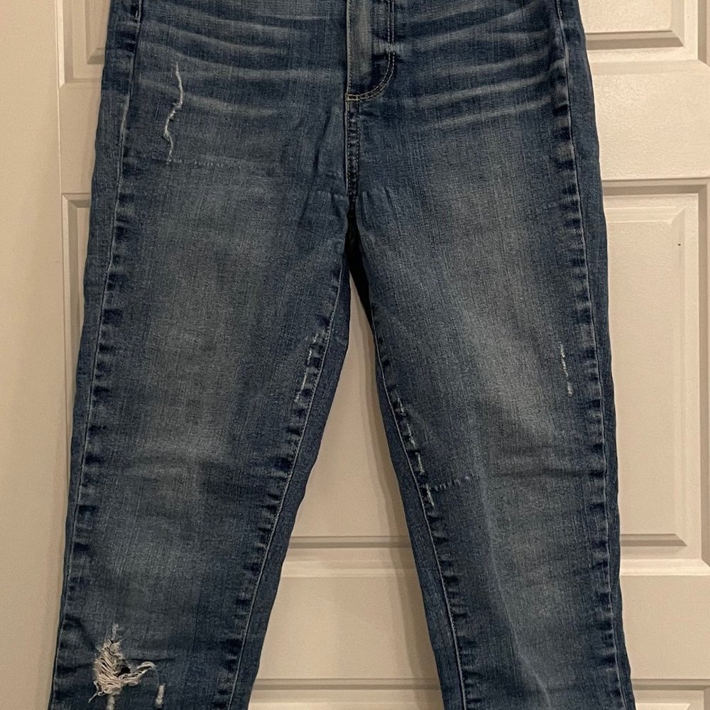 Paige, Margot Crop, Ultra Skinny Jean, color: Ashby Destructed/ blue,  24W, USED